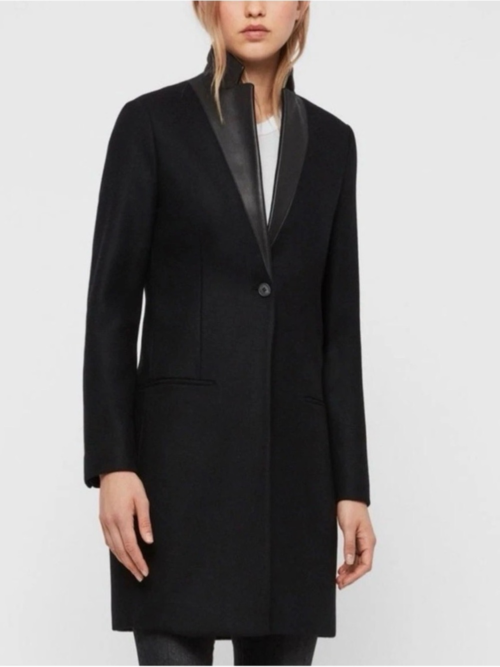 All Saints Black Wool Trench Coat with Leather Trim